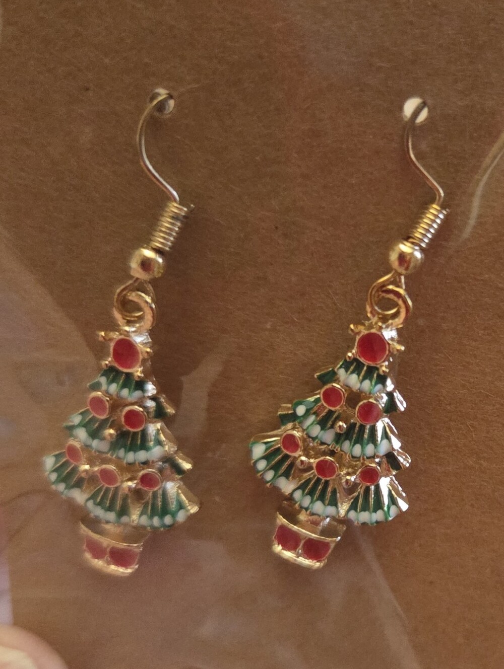 Gold-Tone Green and Red Christmas Tree Drop Earrings - Festive Dangle